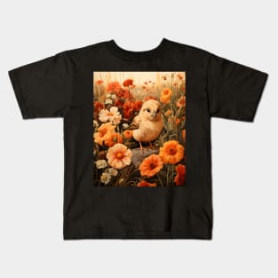 Retro Vintage Art Style Baby Chick in Field of Wild Flowers - Whimsical Farm Kids T-Shirt